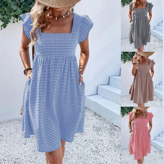 D5494 Ruffle Sleeve Checked Print Pocket Dress