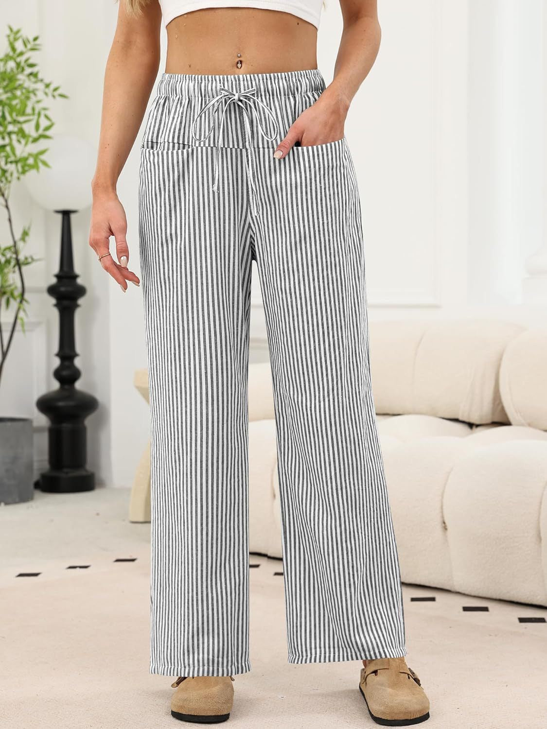 R1225 Women's High-Waisted Wide-Leg Plaid Drawstring Pajamas Pants