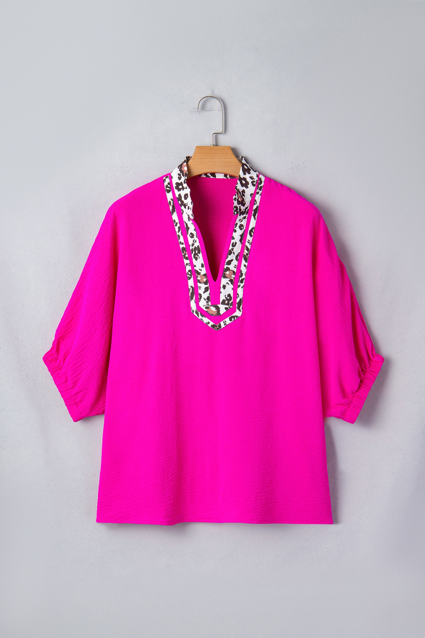 R1326 Dolman Half Sleeve Leopard Patchwork Trim V Neck Blouse