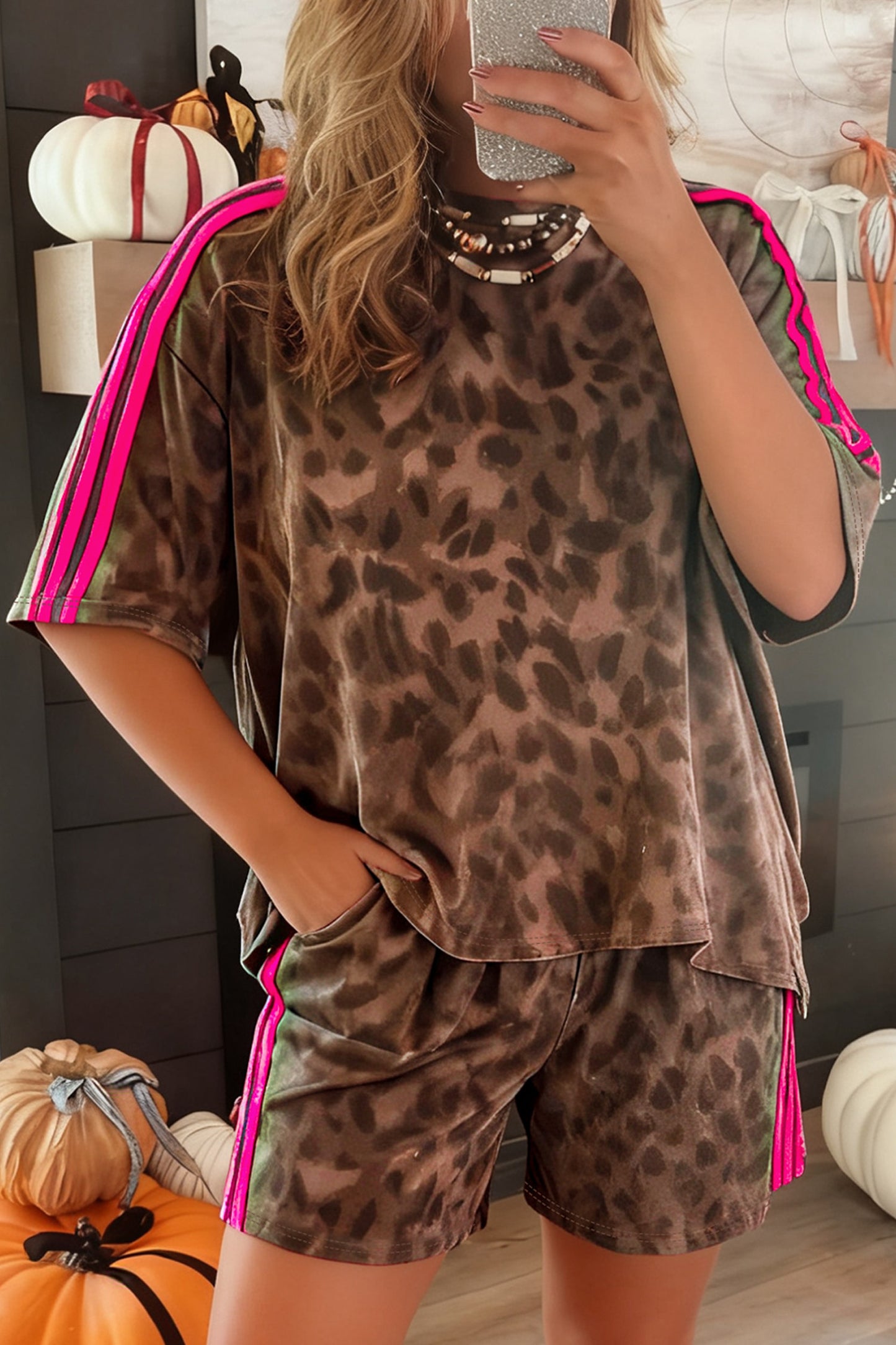 R1194 Pink Stripe Leopard  Shorts Set