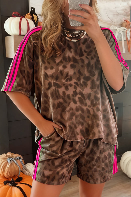 R1194 Pink Stripe Leopard  Shorts Set