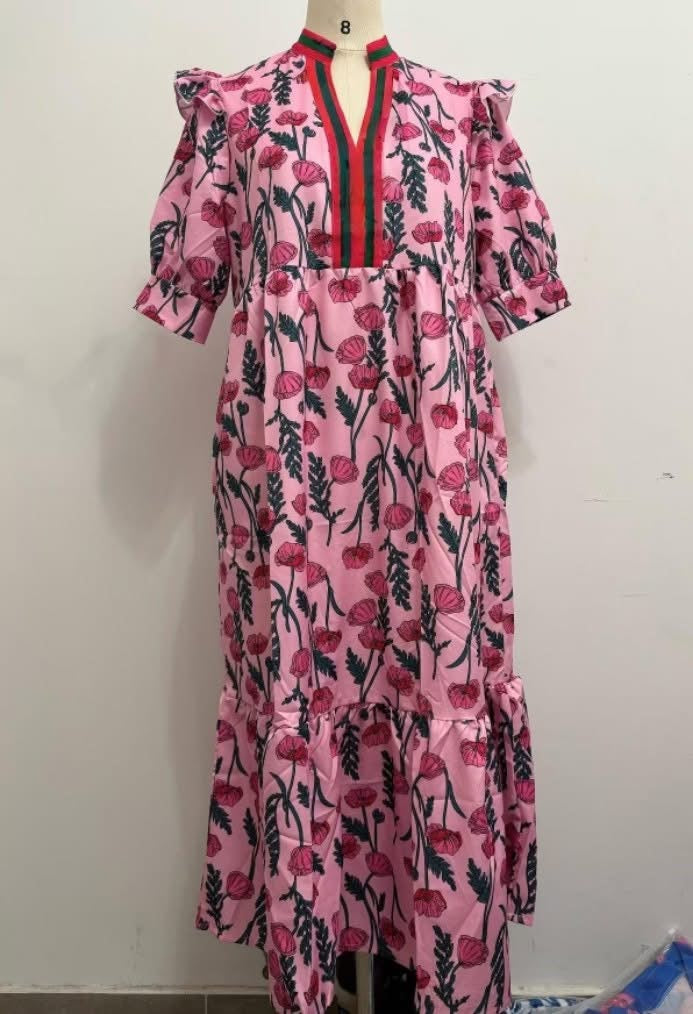 D5357 Pink Floral Long Dress