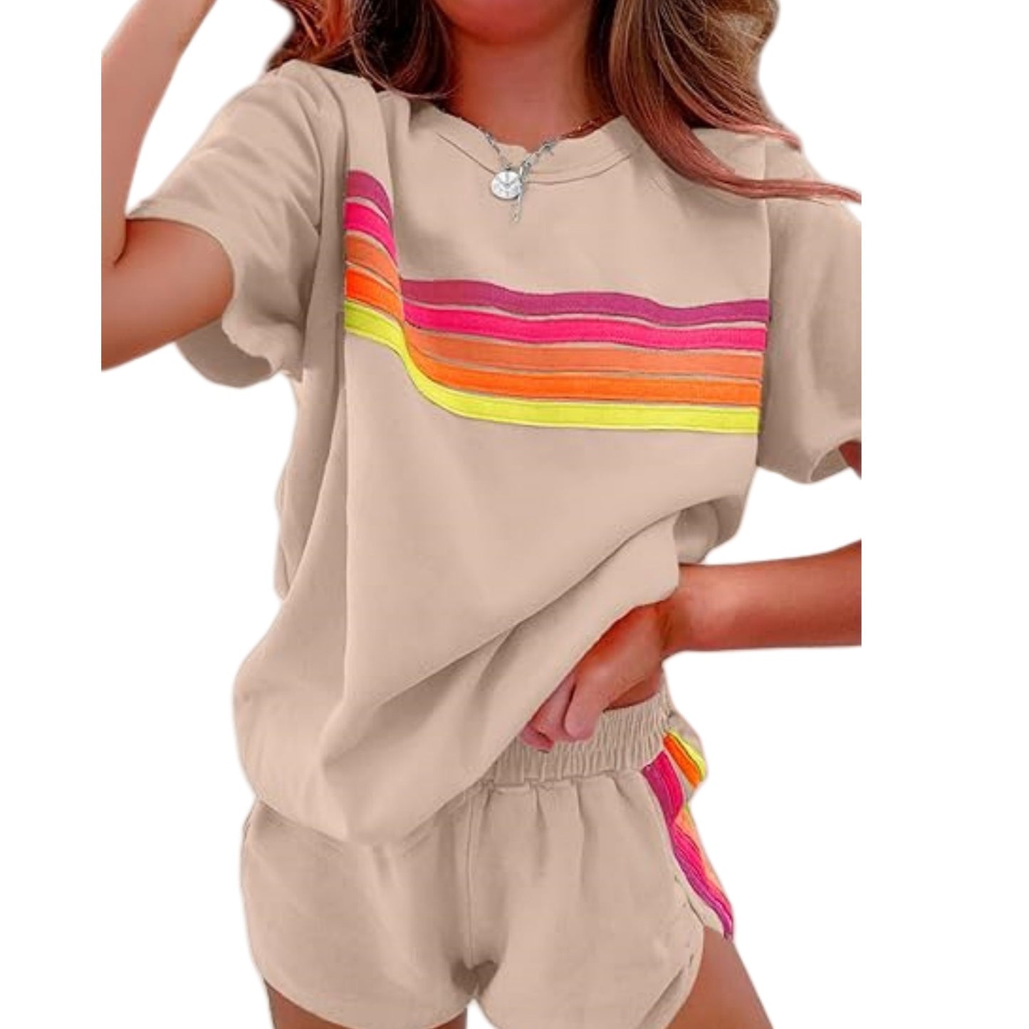 D4573 Rain Bow Patchwork Short Sleeve Two Pieces Set