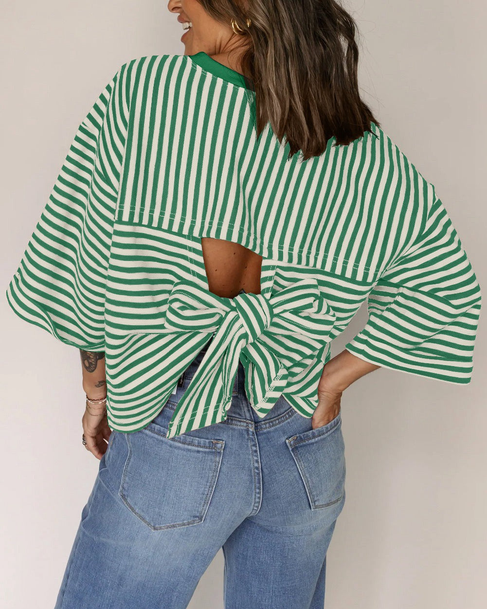 R1257 Bowknot Cutout Back Stripe Shirt