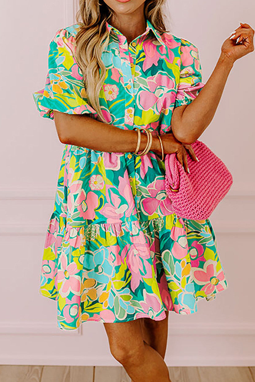 R1246 Floral Puff Sleeve Collar Buttoned Babydoll Dress