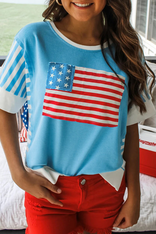 R1444 Light Blue Flag Print Patchwork Colorblock July 4th T Shirt