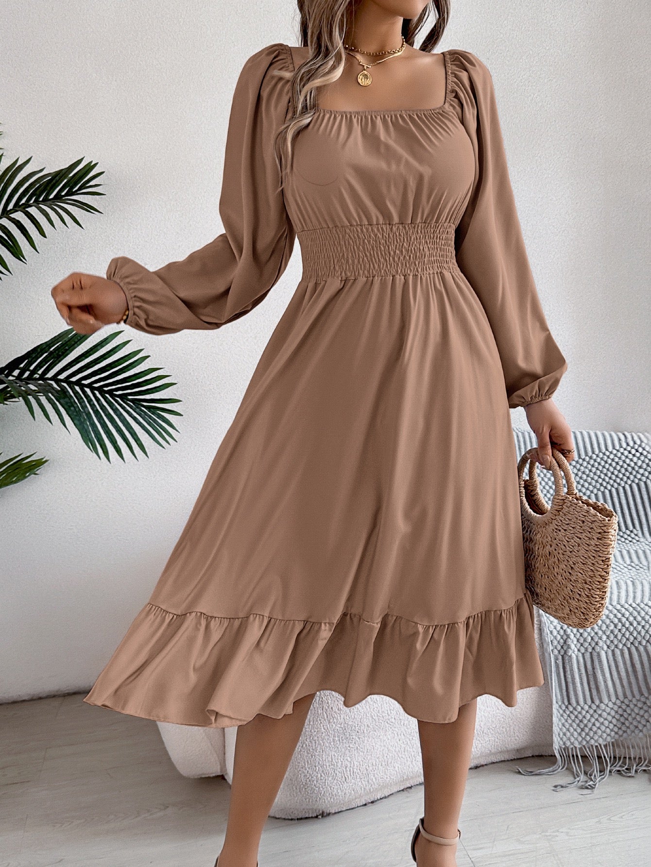 R1244 Solid-Color Square-Neck Long-Sleeve Waist-Defining Ruffle Hem Long Dress