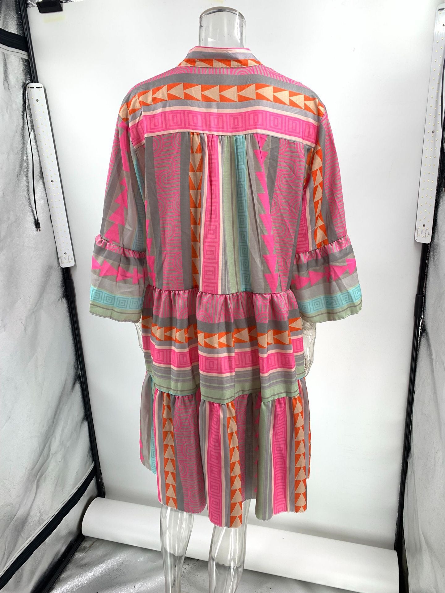 R1253 Boho Style V-neck and three-quarter sleeves ruffle dress