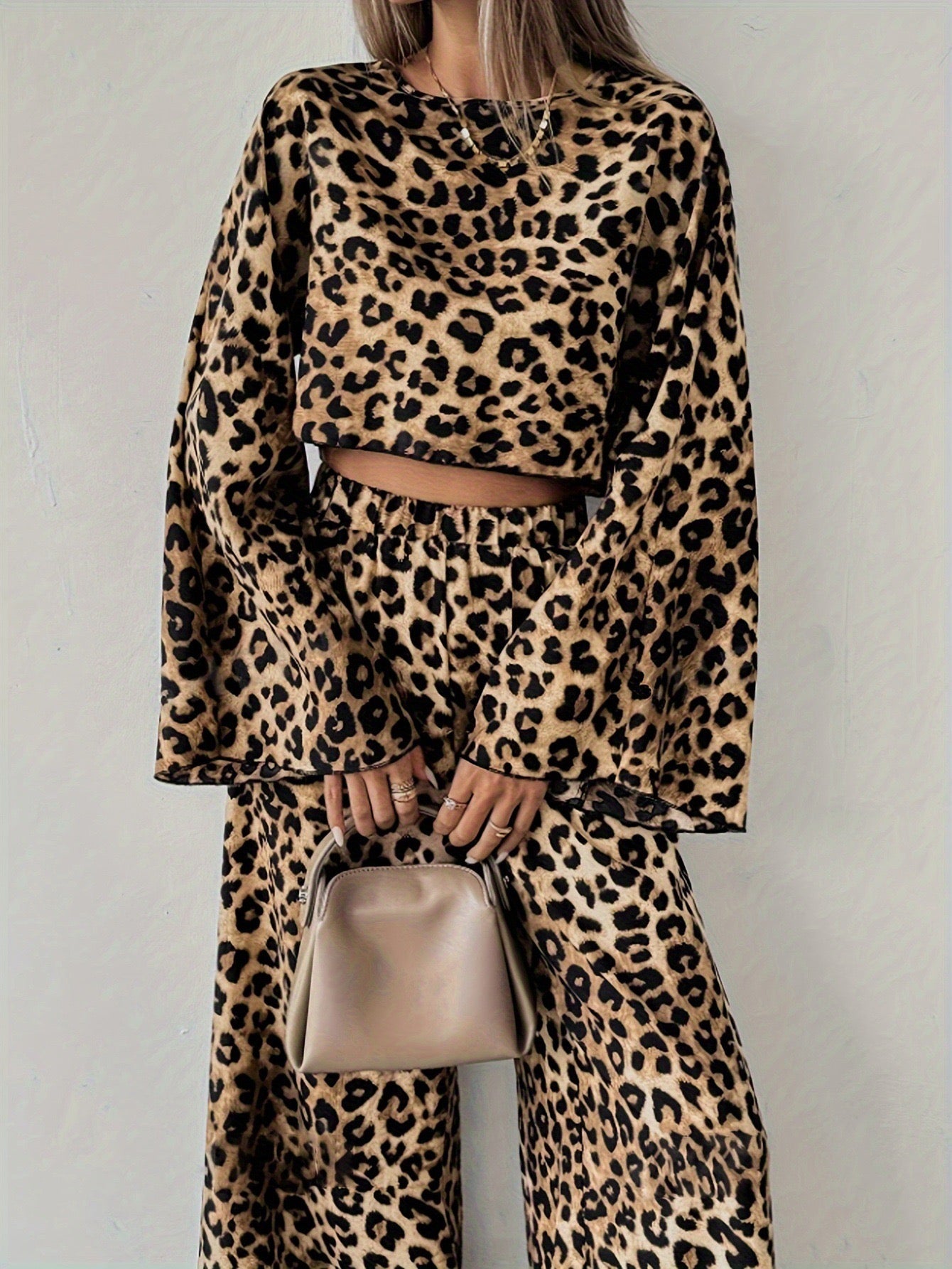 R1241 Lightweight Long Sleeve Leopard Print Crop Top & Pants Women's Outfit