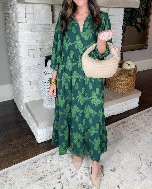 R1300 Green V neck Three-quarter Sleeves Maxi Dress