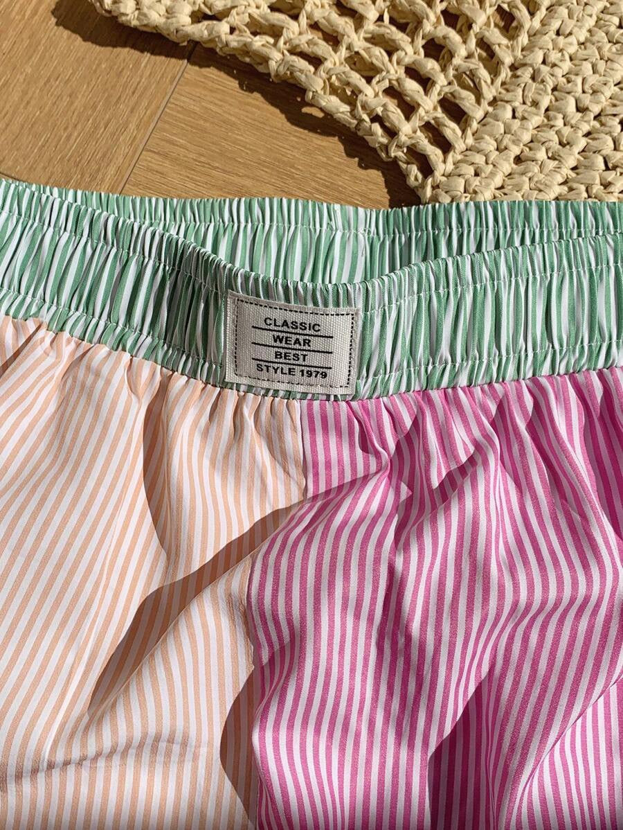 R1226 Stripe Patchwork Shorts Loose Casual Home Breathable Pajamas Pants
