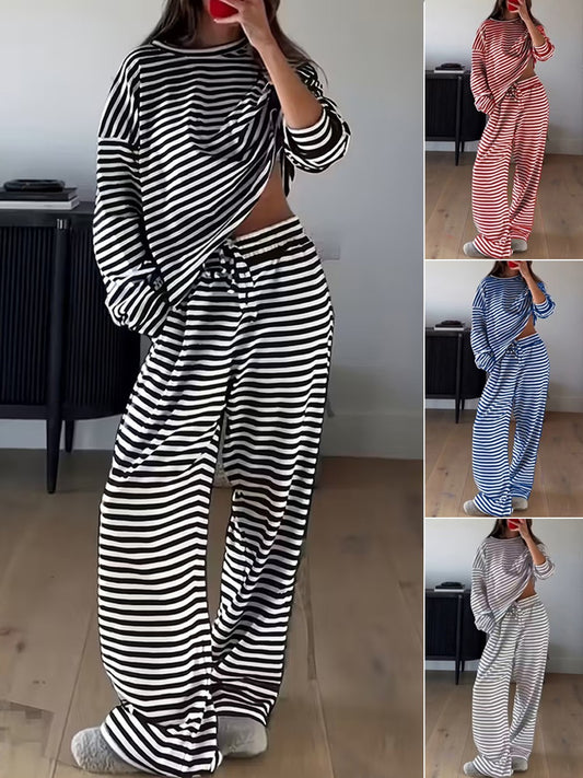 R1238 Striped Long Sleeve Top High-Waist Pants Two-Piece Set