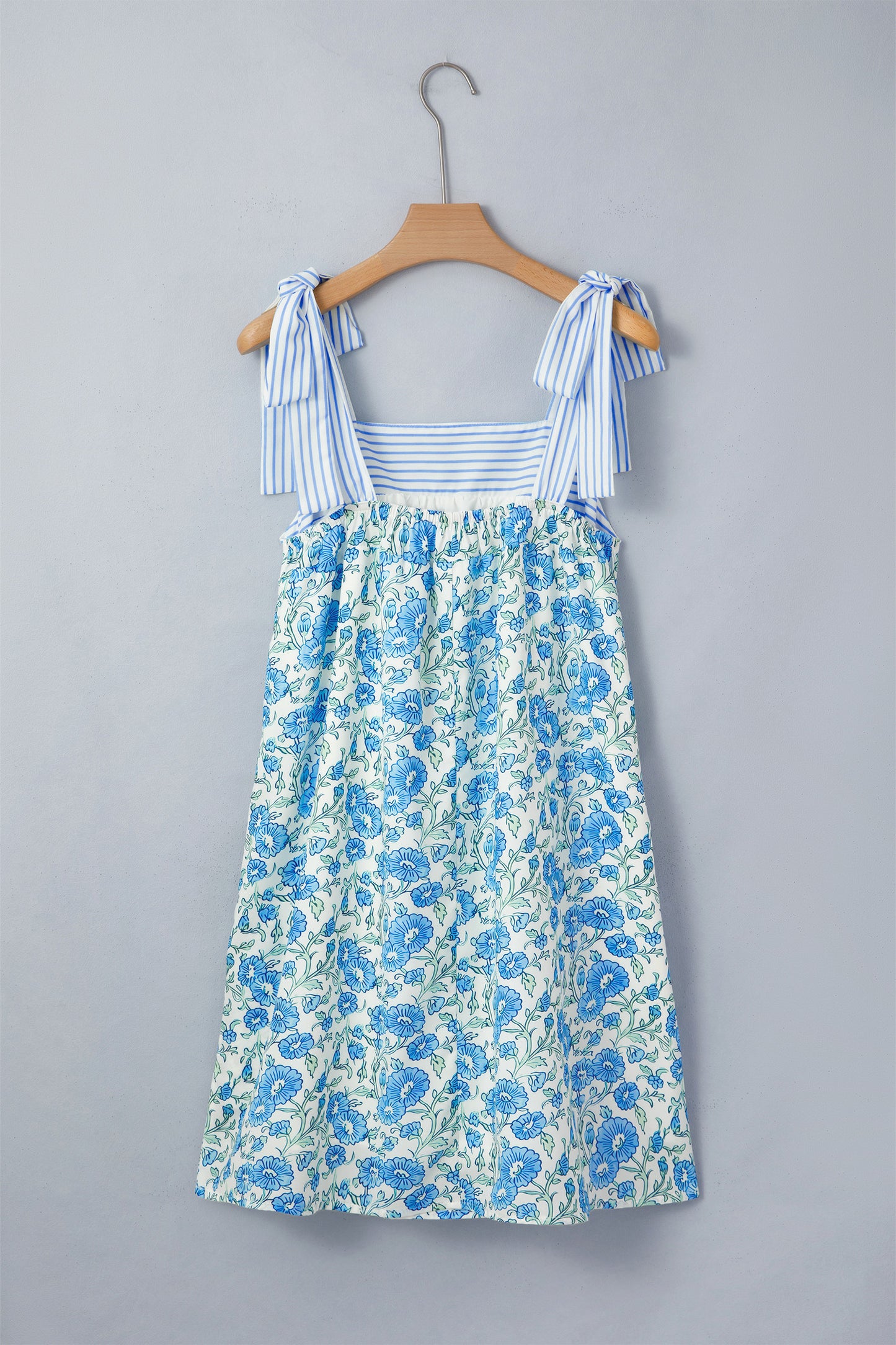 R1333 Sky Blue Floral Print Striped Patchwork Bow Knot Straps Mini Dress