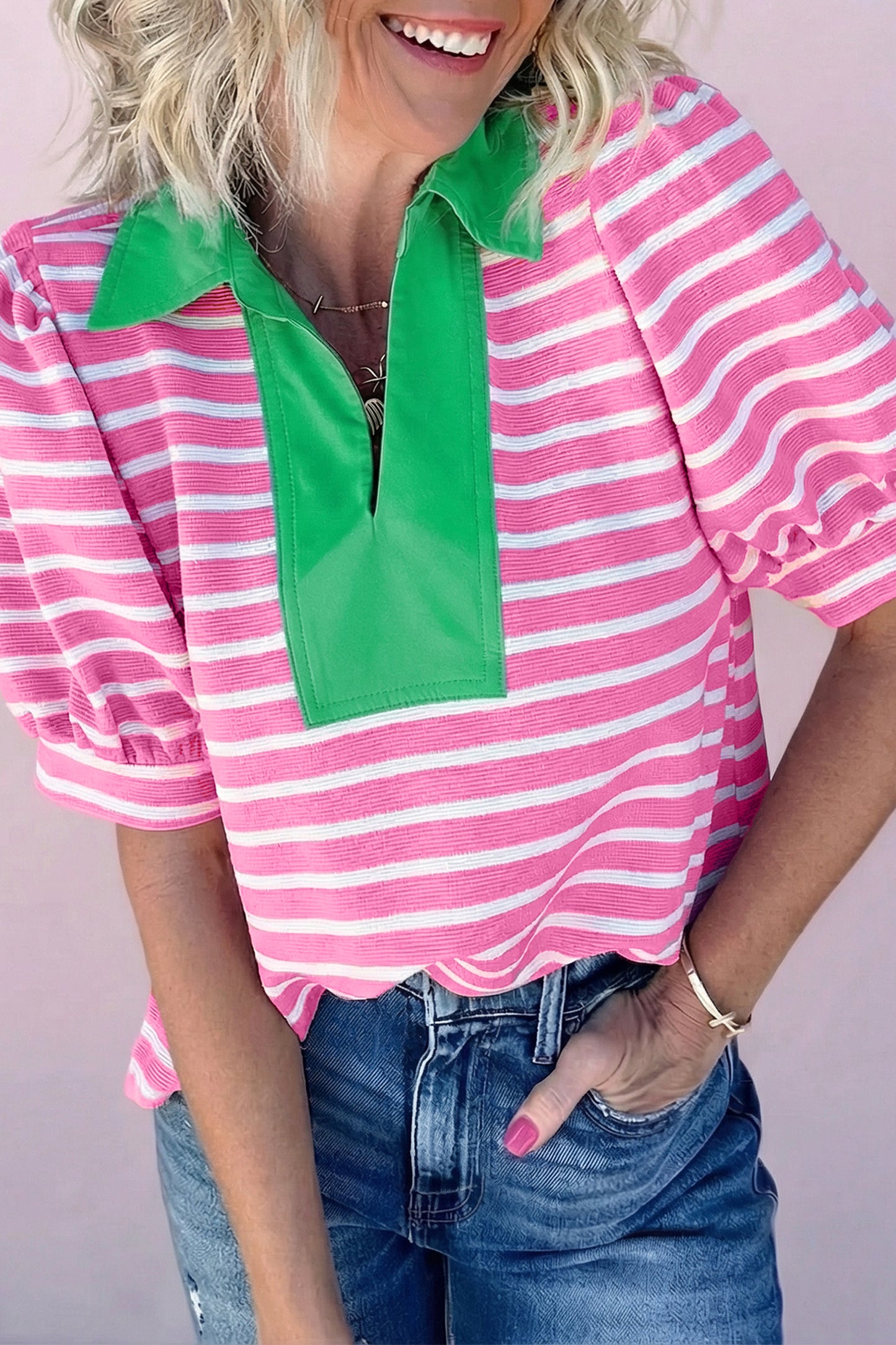 R1465 Short Puff Sleeve Color Block Polo Collar Blouse
