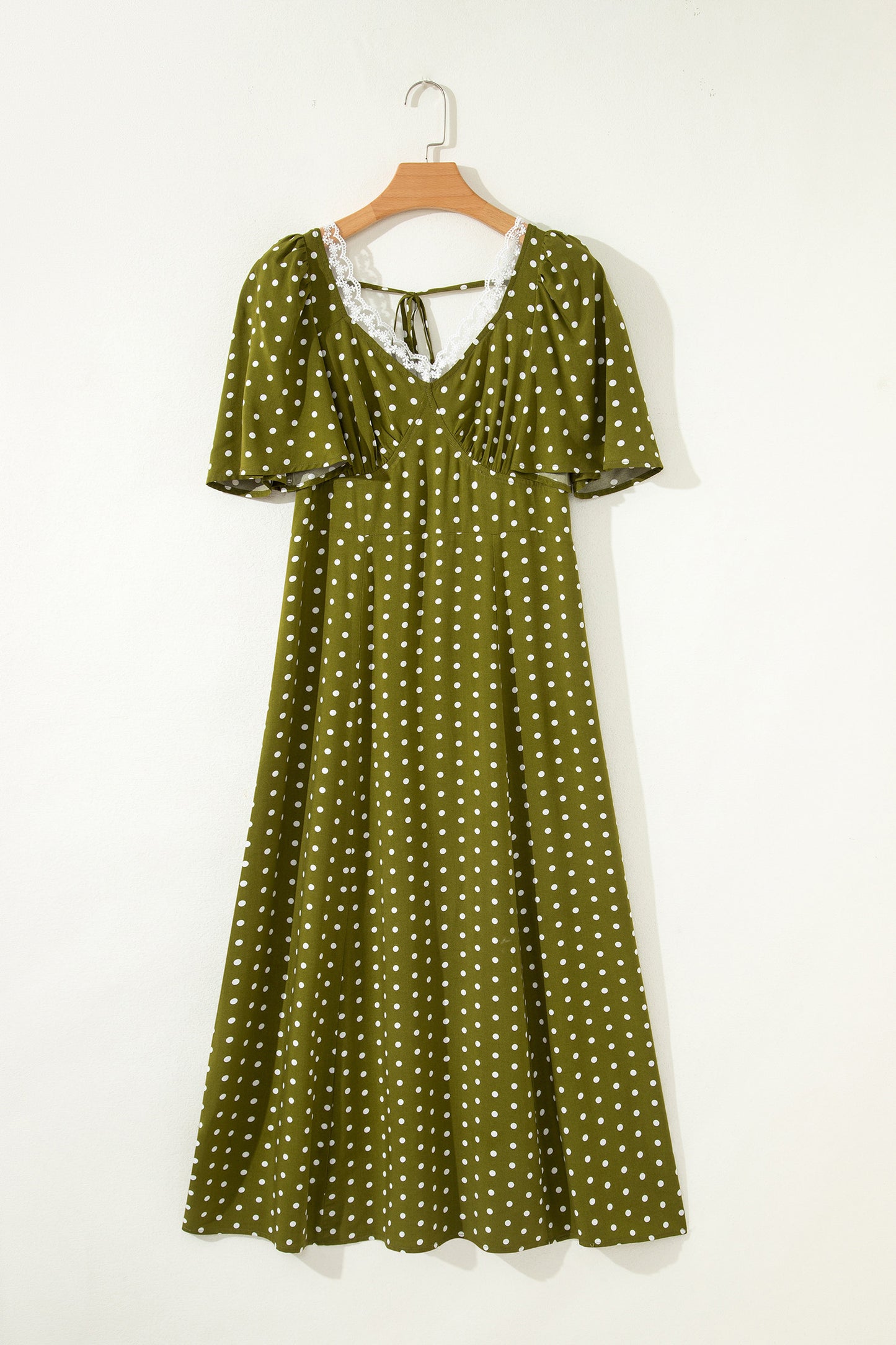 R1287 Green Polka Dot Print Smocked Maxi Dress