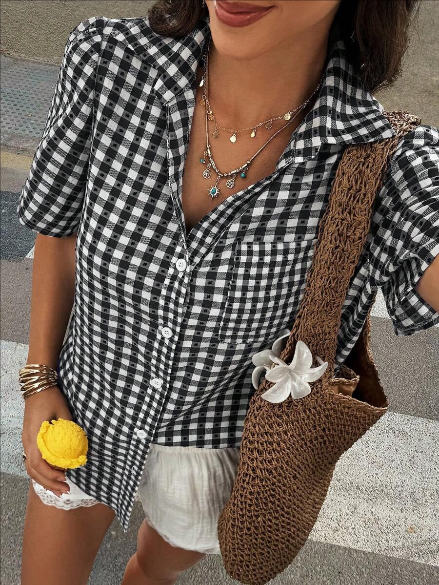 R1604 Summer Button Up Checked Blouse