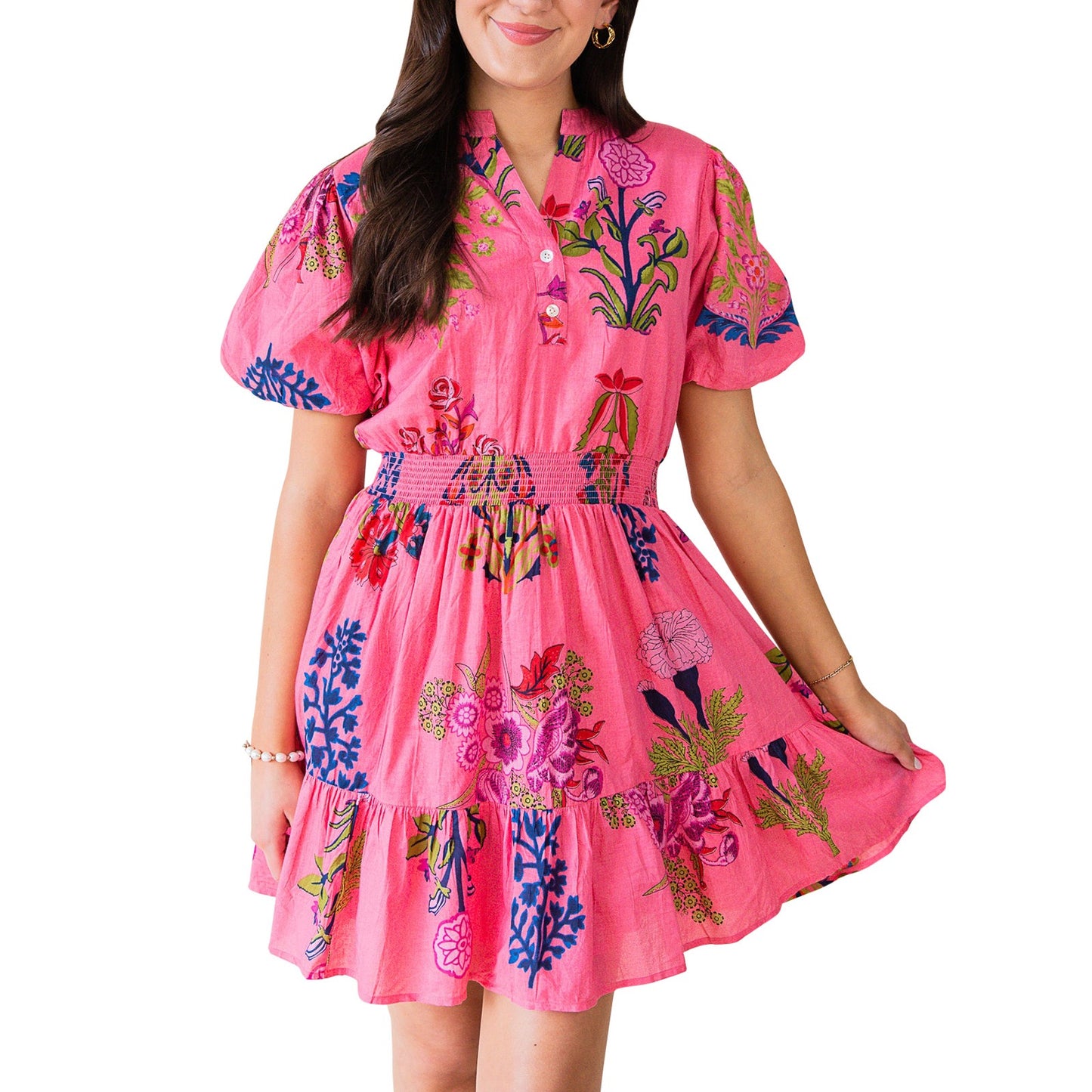 R1656 Puff Sleeve Floral Print Mini Dress