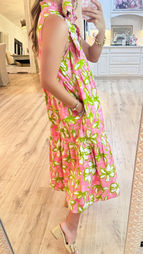 R1605 Bow Tie Sleeveless Floral Long Dress