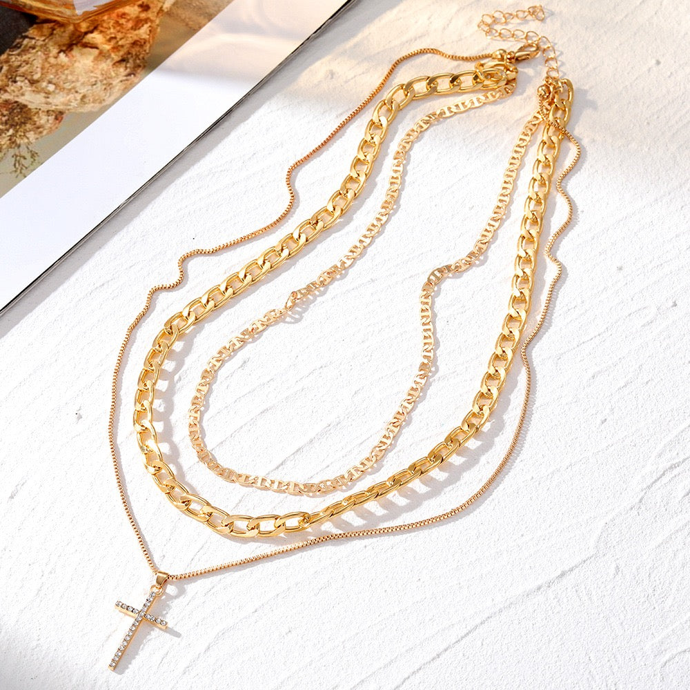 R1259 Gold Multi Layer Stacked Chains Necklace