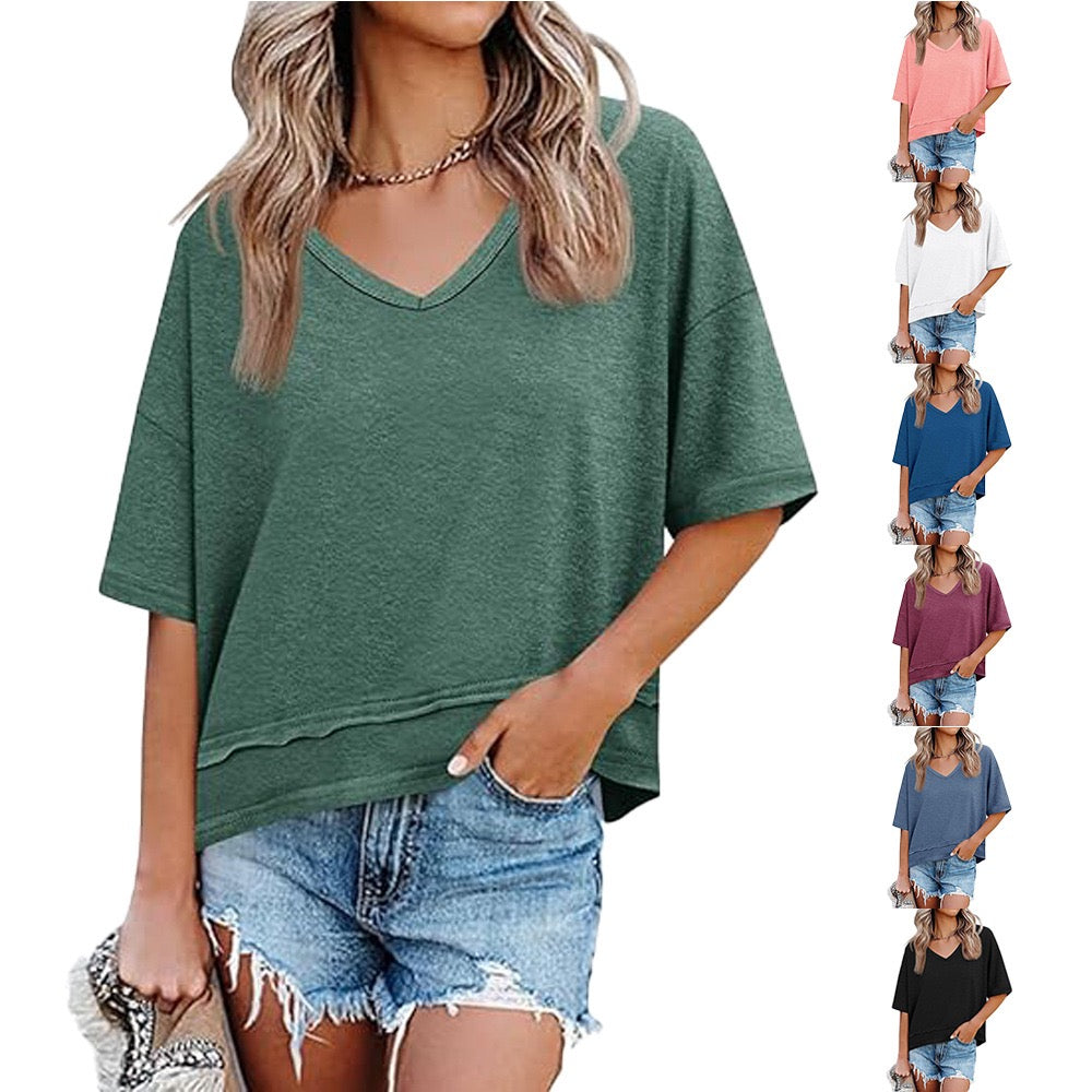 R1228 Women's Solid Color V-Neck Half-Sleeve T-Shirt