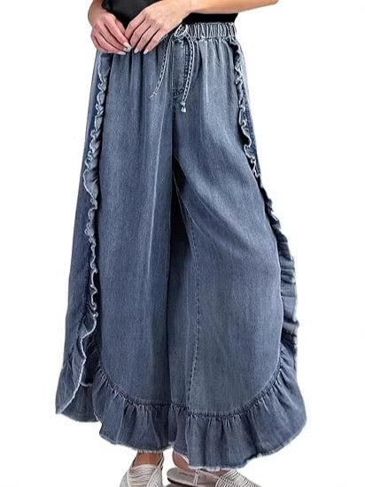 D5535 Wide Leg Ruffle Hem Denim Pants