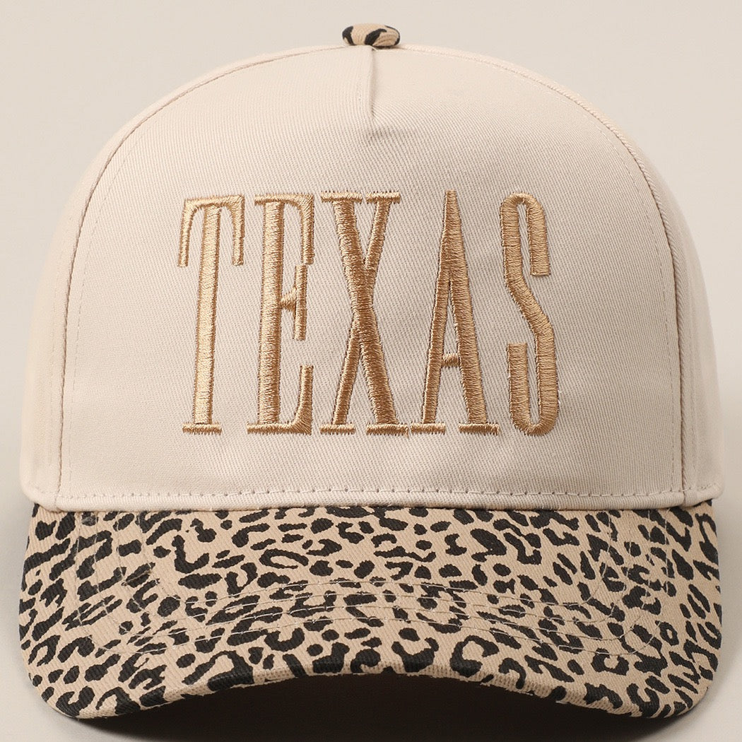 R1303 Camel TEXAS Embroidered Leopard Contrast Baseball Cap