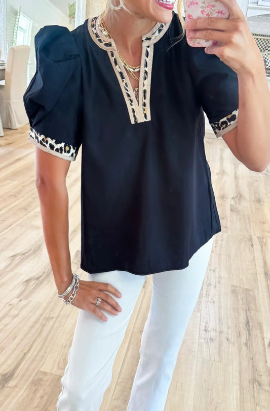 R1391 V Neck Leopard Trim Puff Sleeve Blouse