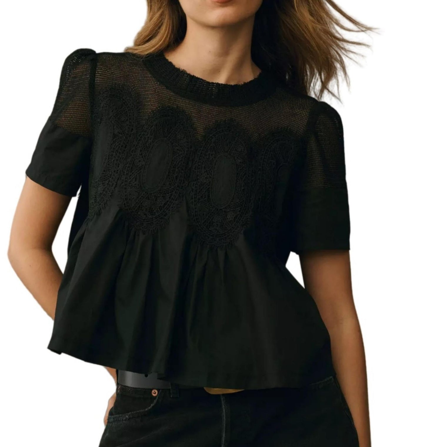 R1313 Lace & Corduroy Patchwork Babydoll Top