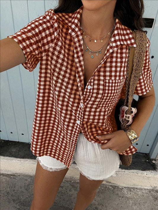 R1604 Summer Button Up Checked Blouse