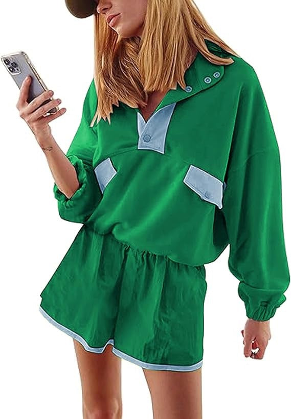 R1292 Color Block Patchwork Half Button Pullover and Shorts 2pcs Outfit