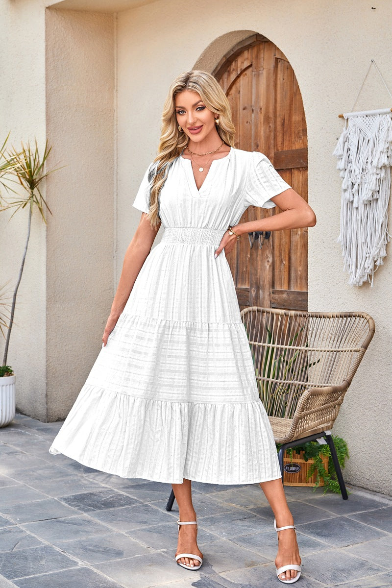 D5479 Solid Color Ruffle Dress Big Hem Long Dress