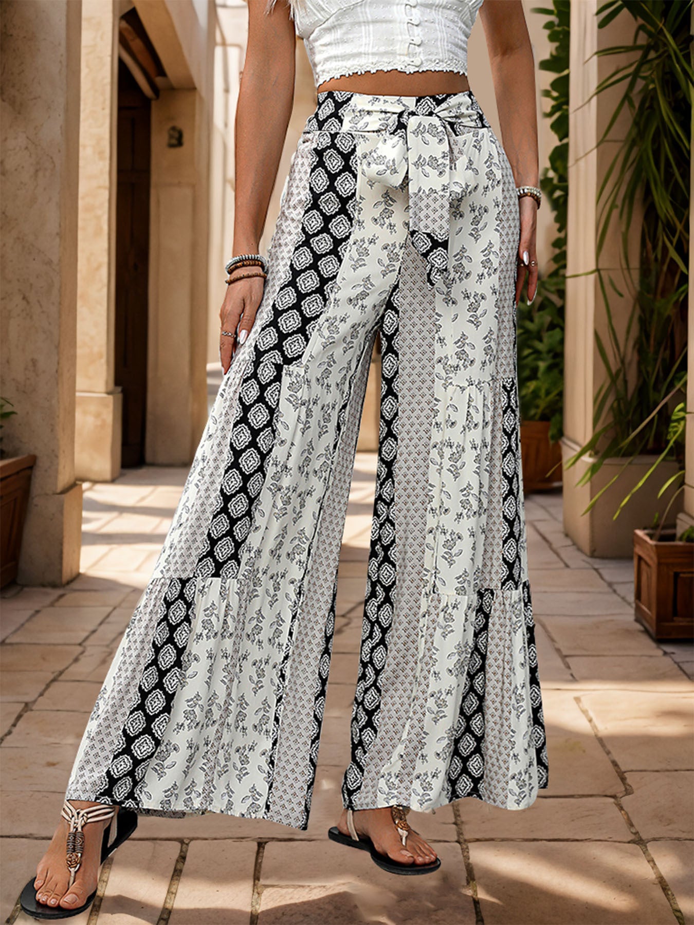 D5377 Summer Fashion Boho Style Wide Leg Pants