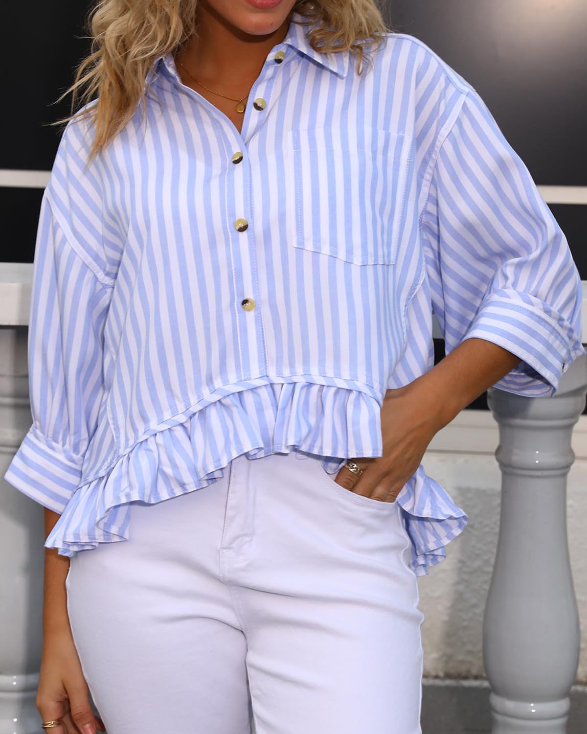 D5492 Loose-fitting stripe shirt with three-quarter sleeves