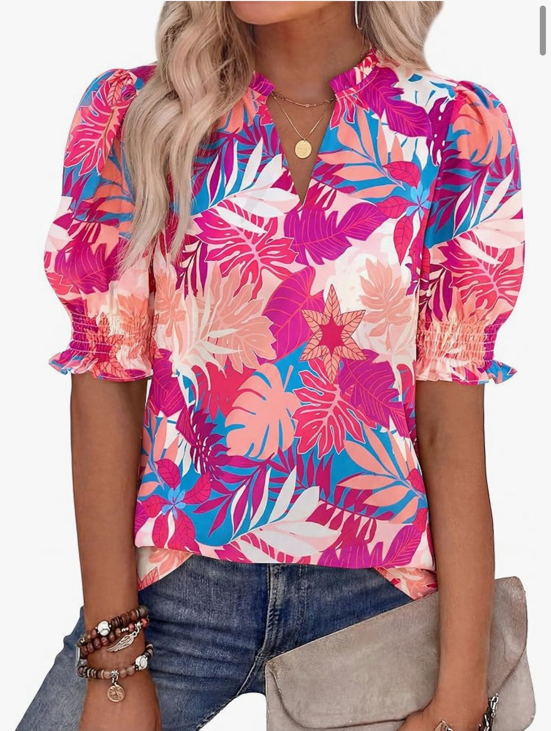R5474 Puff Sleeve Floral Blouse
