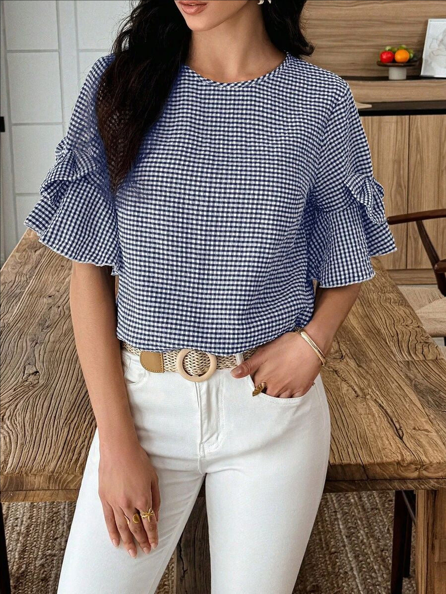 D5491 Bowknot decorated checkered top, ruffled cuffs, puffed sleeves top