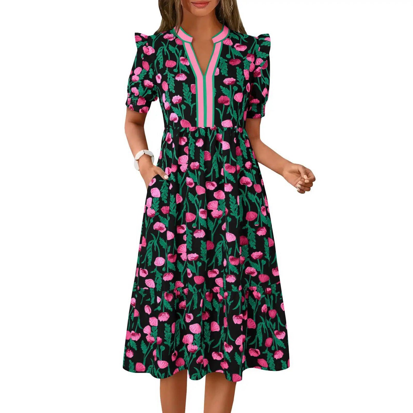 D5461 Puff Sleeve Floral Long Dress