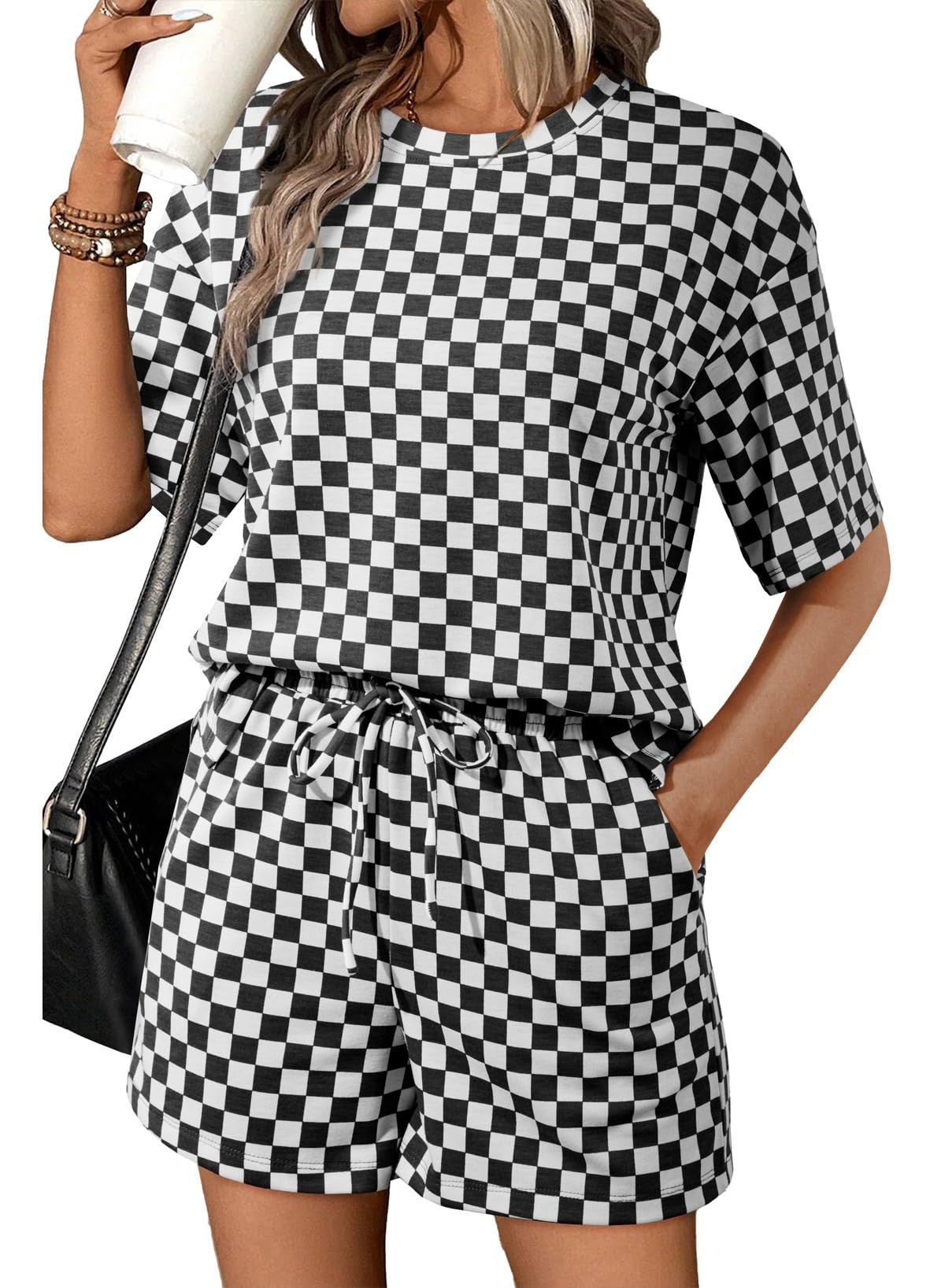 D5419 Checkered print round neck short-sleeved drawstring pocket short set