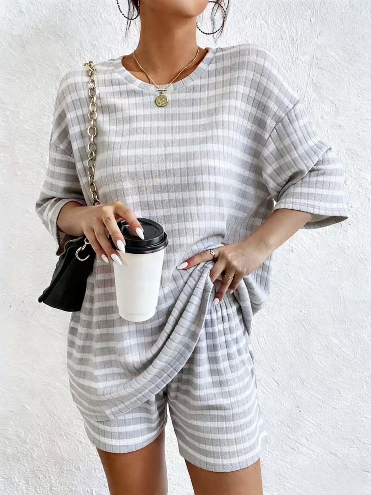 D5466 Spring Striped Two Pieces Ribbed Set
