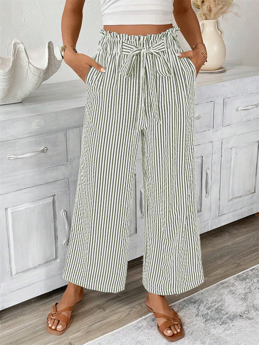 D5453 Summer Bow Knot Stripe Pocket Pants