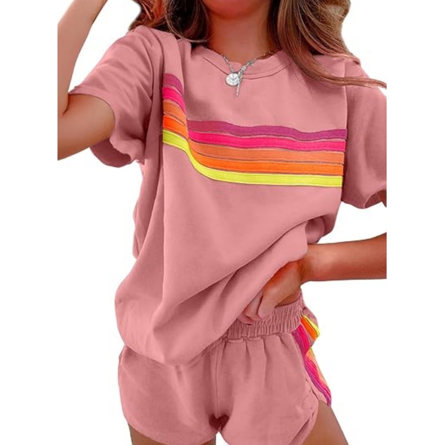 D4573 Rain Bow Patchwork Short Sleeve Two Pieces Set