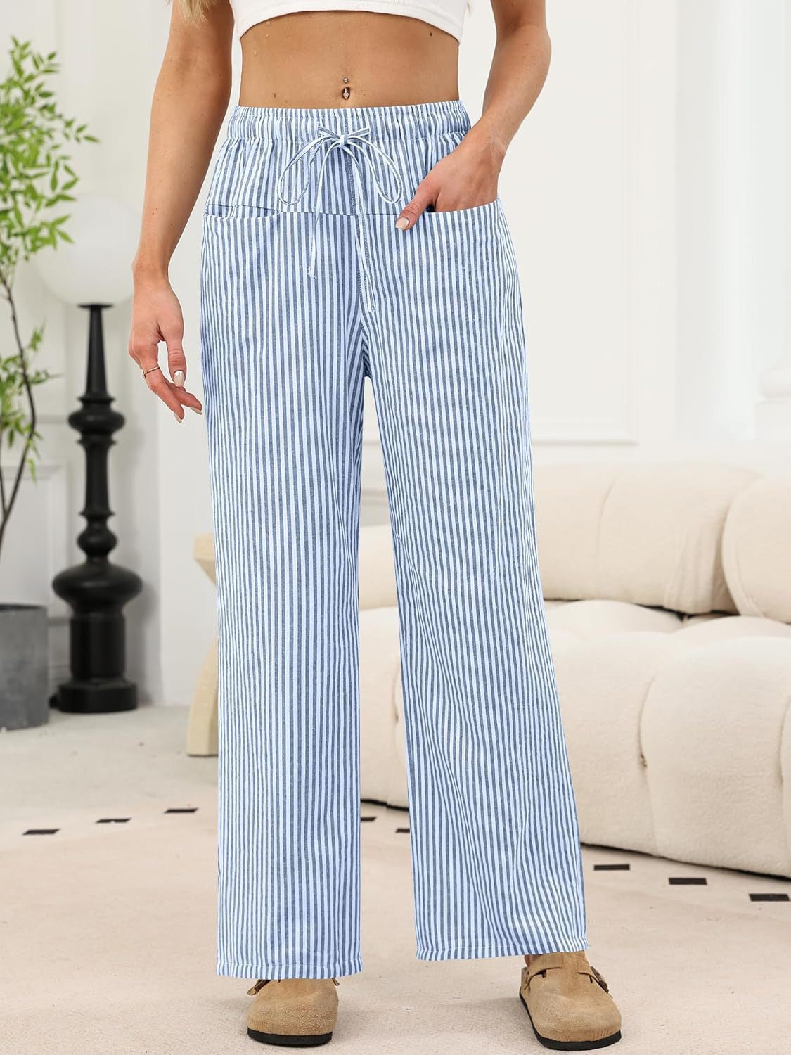 R1225 Women's High-Waisted Wide-Leg Plaid Drawstring Pajamas Pants