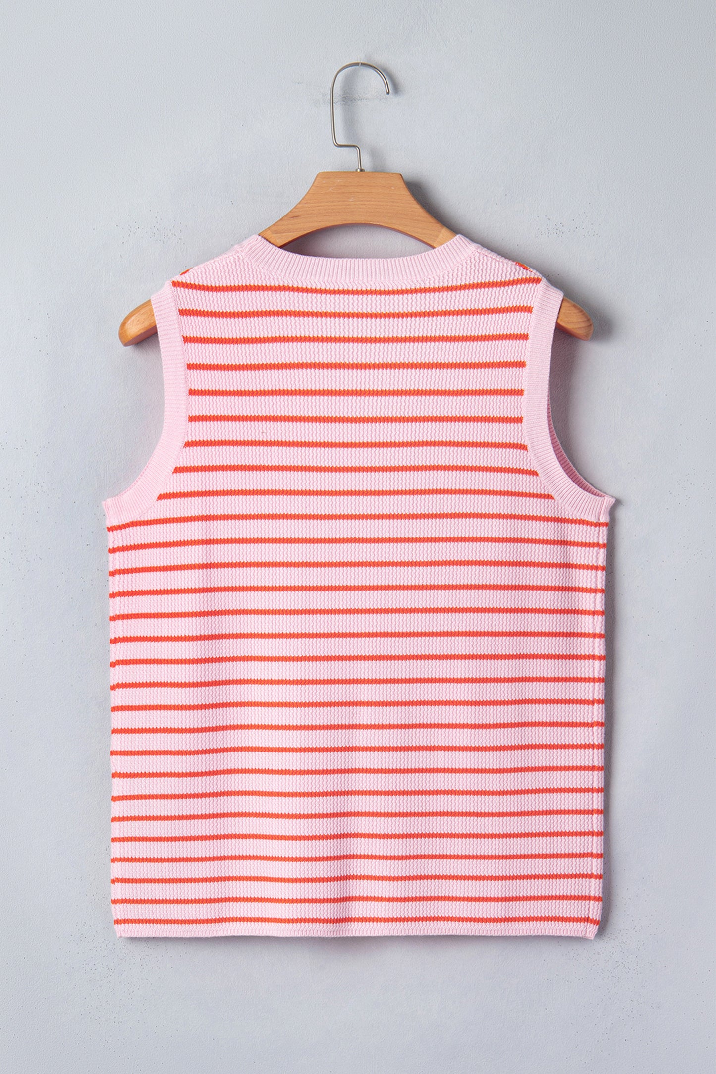 R1455 Pink Stripe Textured Knit Sleeveless Casual Sweater Top