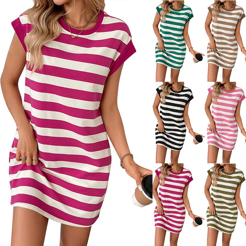 R1277 Short Sleeve Stripe Pocket Dress