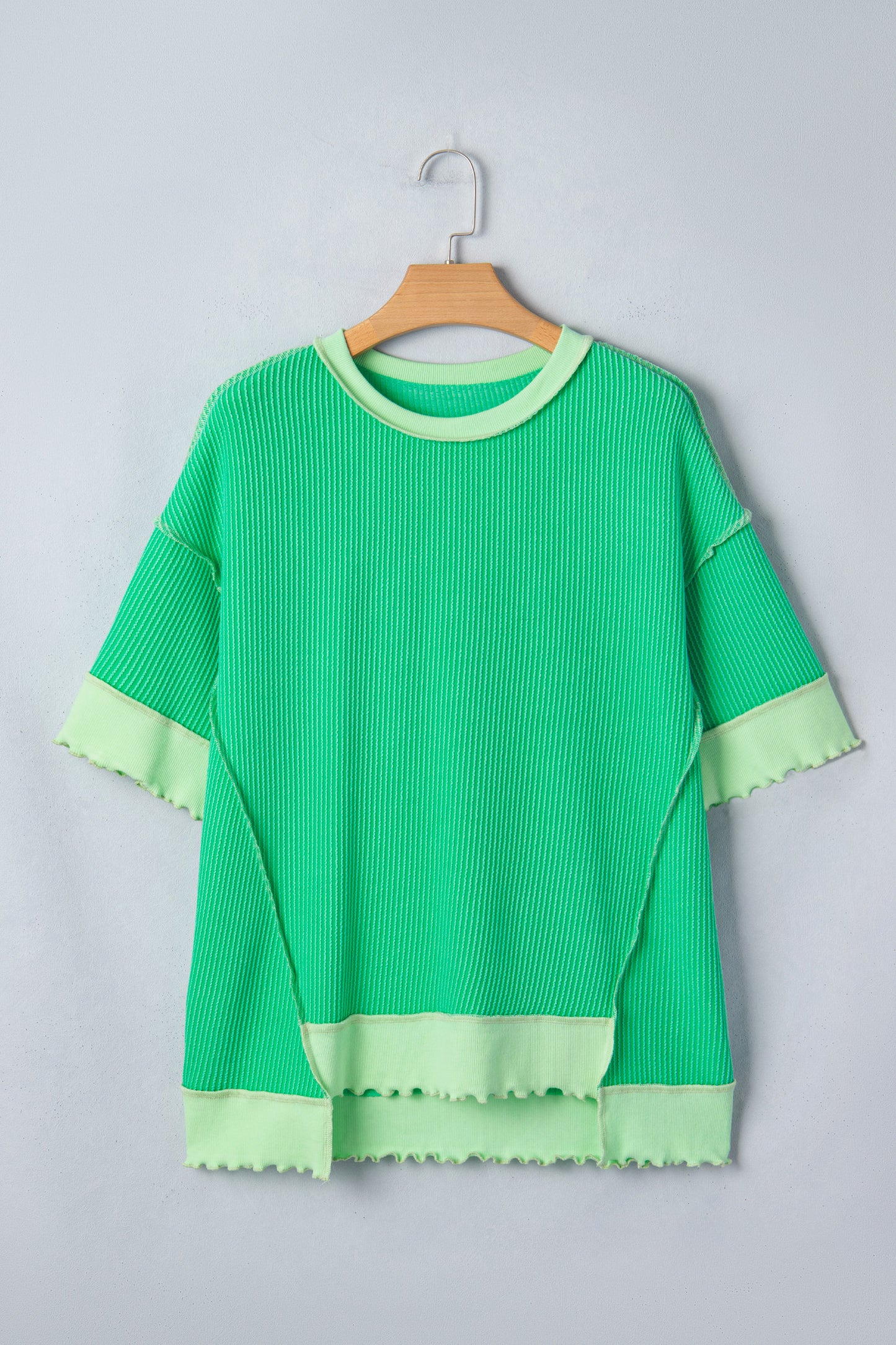 R1359 Mint Green Loose Uneven Hem Twist Ribbed T Shirt
