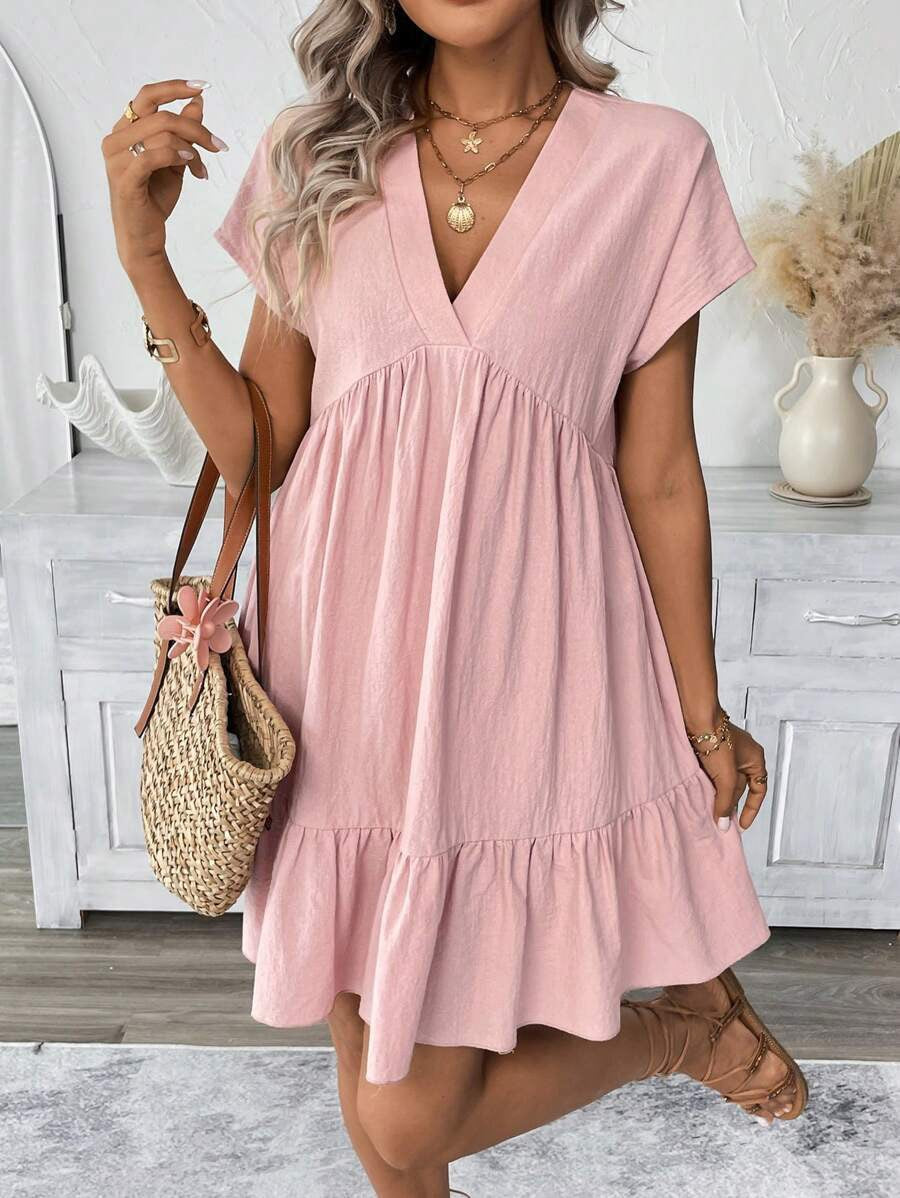 R1521 Short Sleeve Solid Color Ruffle Dress
