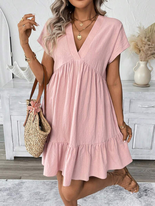 R1521 Short Sleeve Solid Color Ruffle Dress