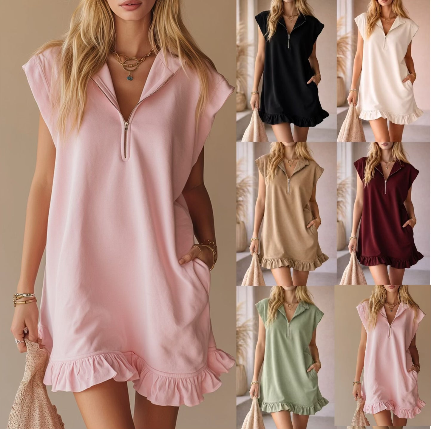 R1212 Collar Split Flutter Sleeve Dress