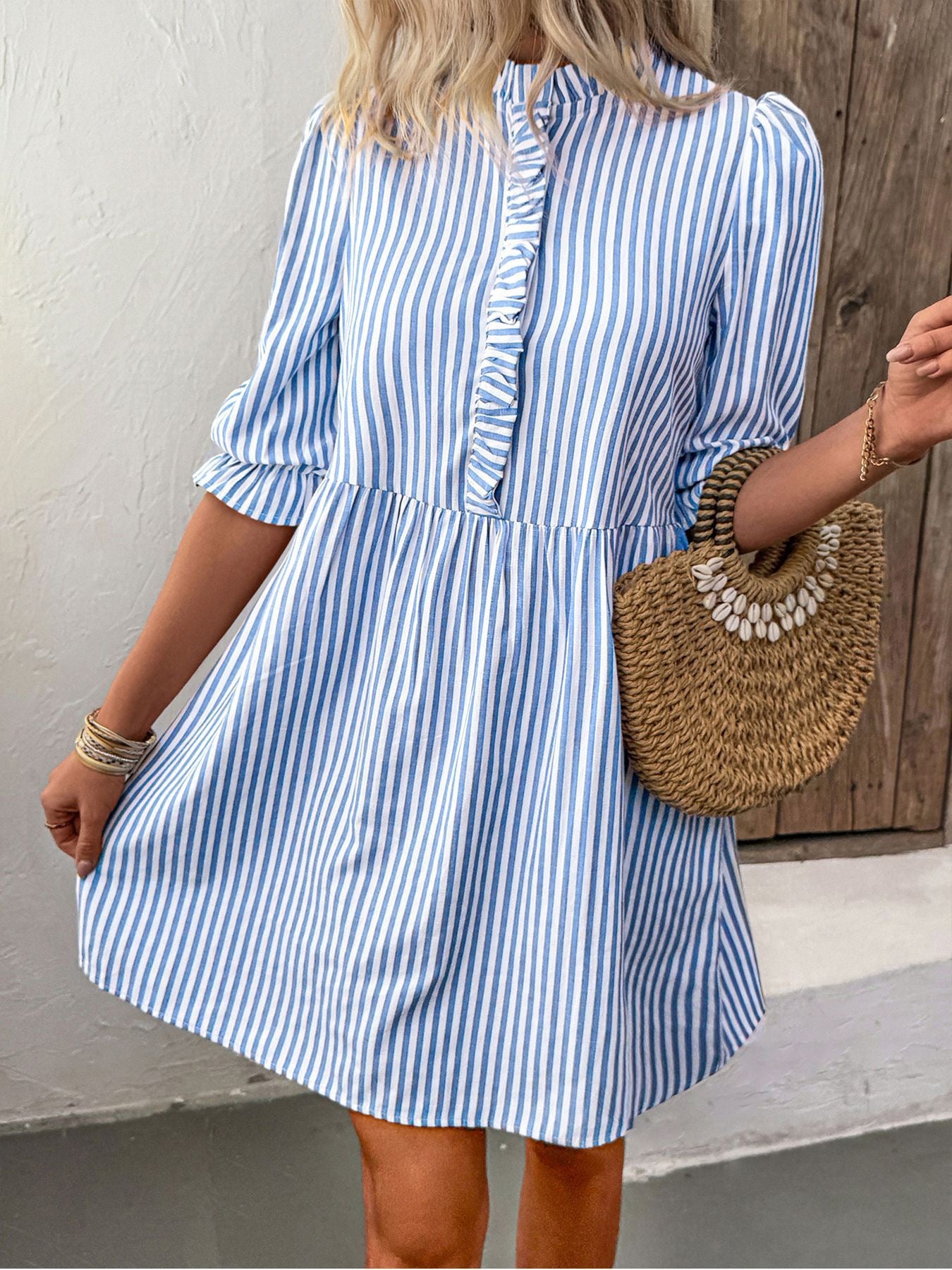 R1245 Bubble Sleeve Stand Collar Striped Dress for Women Summer
