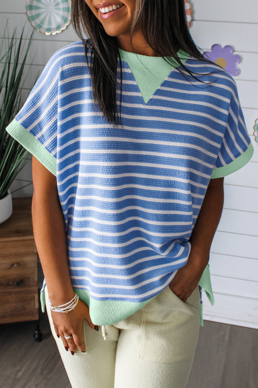 R1366 Stripe Contrast Trim Loose Short Sleeve Top