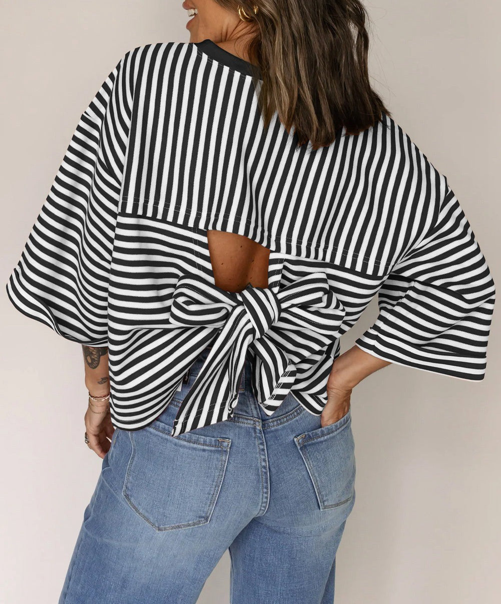 R1257 Bowknot Cutout Back Stripe Shirt